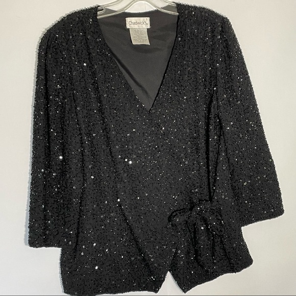 Chadwicks Black beaded sequined wrap top womens 14 - Picture 2 of 12